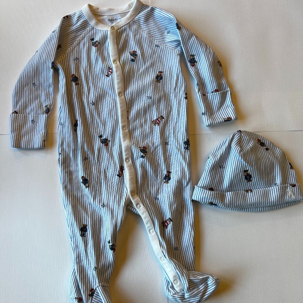 Ralph Lauren, Baby Boy Blue Onsie and Hat Set, 6 months